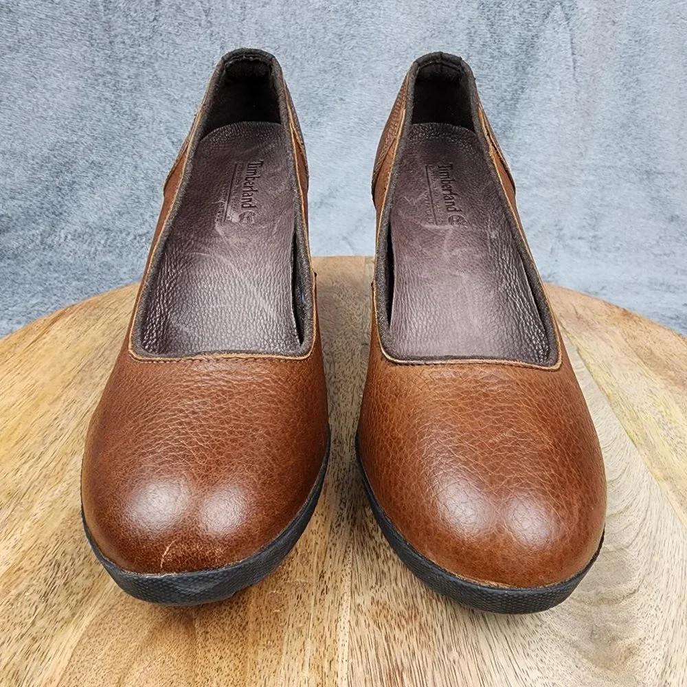 Timberland Pumps Women's 9.5 Wide Brown Leather Comfort Slip On Heels Shoes_2